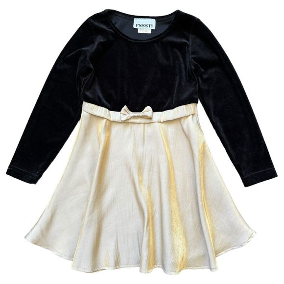 Vintage Pssst Girls 6X Black Velvet Bodice Dress with Shiny Gold Satin Skirt Bow - Picture 1 of 9